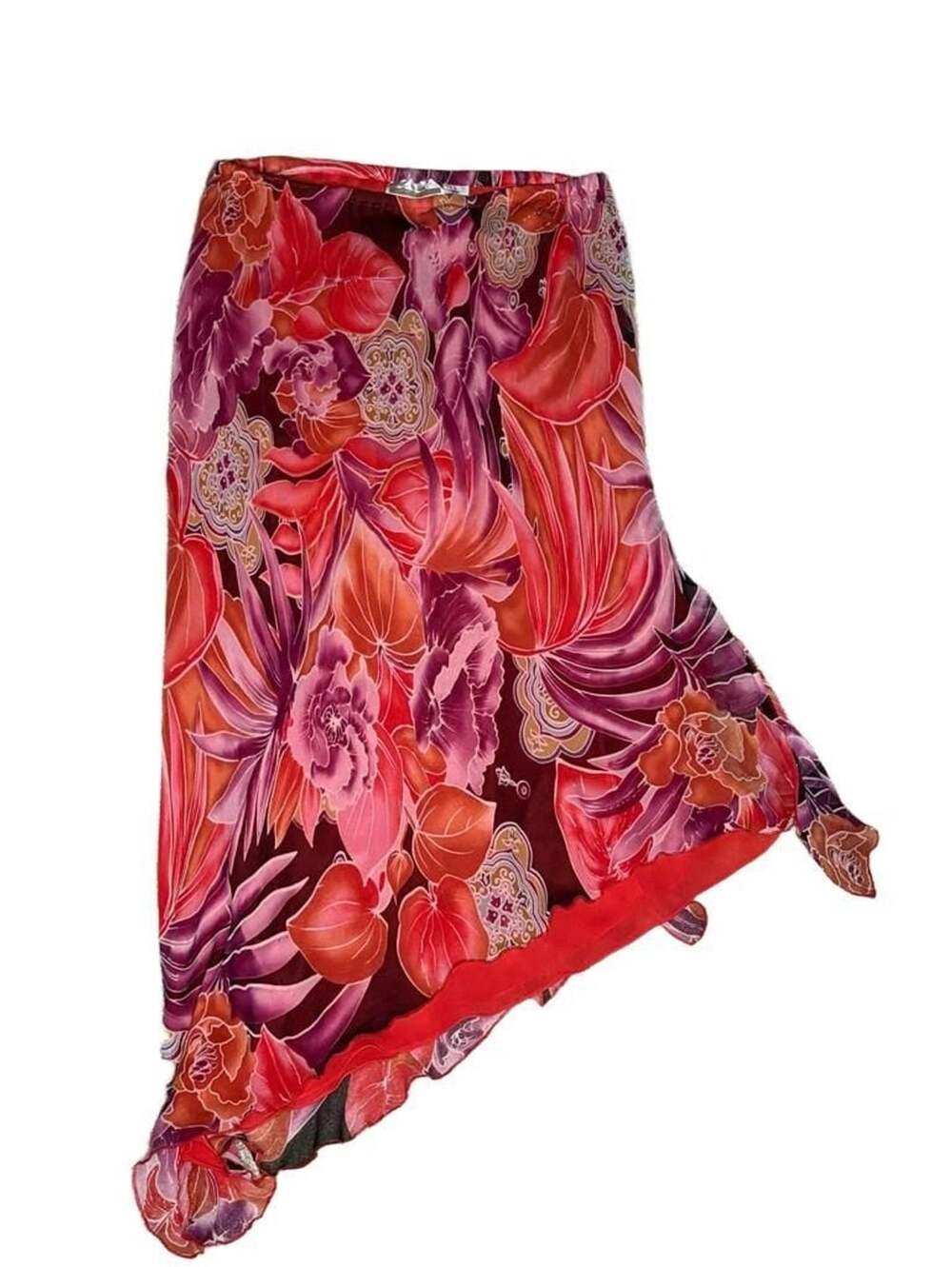 Vintage New York City Design Co. Floral Silk Midi Skirt Size L Red Purple Tropic